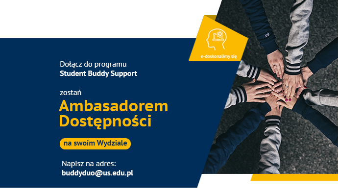 na zdjęciu znajduje się wraz z logiem napis e-doskonalimy się, oraz informacje dotyczace programu, po prawej stronie dziewieć rąk w geście solidarnosci jedna ręka na drugiej